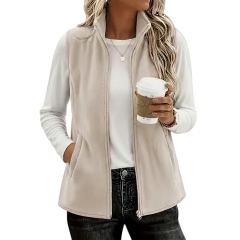 Women Casual Polar Fleece Vest Stand Collar Full Zip Sleeveless Jacket with Pockets Warm Lightweight Outerwear Waistcoat Top