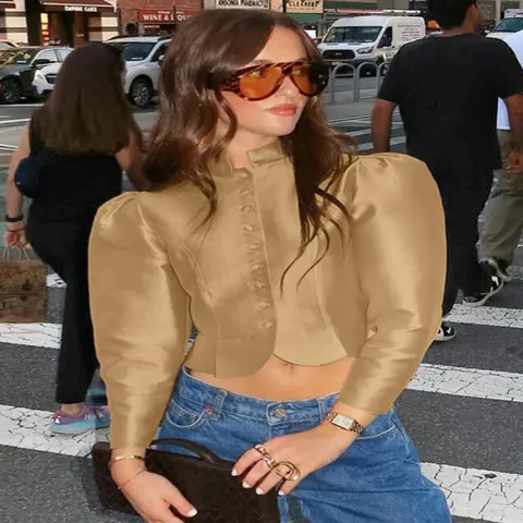 Women Vintage Palace Style Blouse Elegant Matte Satin Stand Collar Puff Sleeve Short Shirt Office Commuter Polyester Top