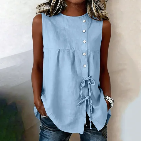 Top Sin Mangas Para Mujer Poliéster Cuello Redondo Blusa Casual Con Botones Y Lazo Delantero Color Sólido Ropa De Verano