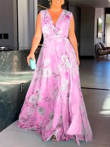 Damen V-Ausschnitt Ärmellos Blumenmuster Chiffon Maxi Kleid Elegant Rückenfrei Hohe Taille Sommer Strand Boho Langes Kleid