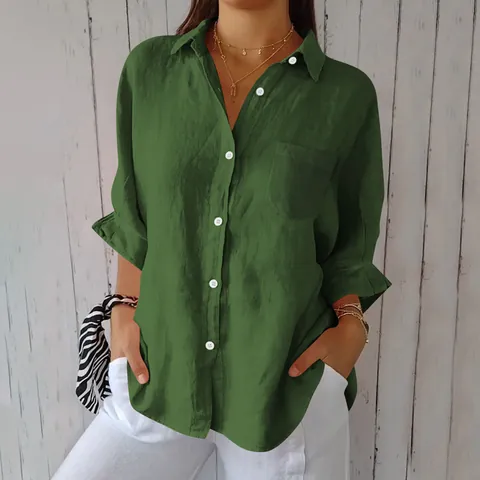 Women's Casual Cotton Linen Button Down Shirt Jacket Loose Long Sleeve Lapel Blouse With Pocket Solid Color Home Top