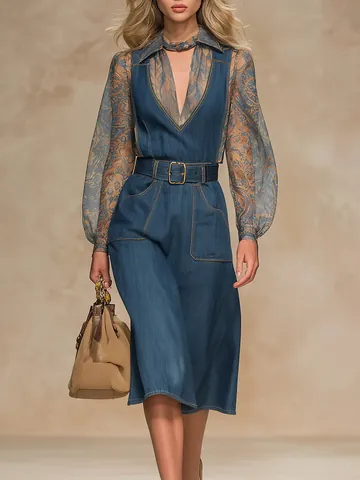 Women's Western Style Blue Denim Midi Dress With Belt Large Pockets High Waist Loose Sleeveless Jumper Dress Casual Elegant Spring Autumn Fashion Outfit