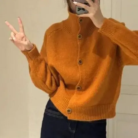 Γυναικεία Πλεκτή Ζακέτα Με Ψηλό Γιακά Oversized Ρετρό Κορεατικό Στυλ Ακρυλικό Μονόχρωμο Μονόπετο Χαλαρή Εφαρμογή Πουλόβερ για Φθινόπωρο Χειμώνα