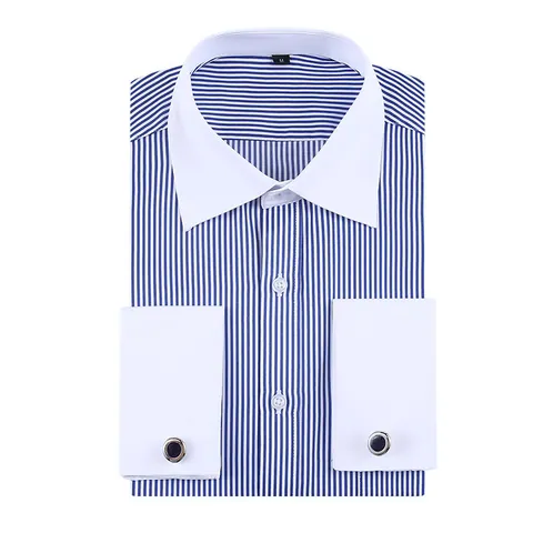 Men Business Formal French Cuff Dress Shirt Cotton Blend Striped Jacquard Long Sleeve Top With Cufflinks Contrast Collar Shirt