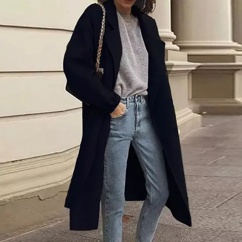 Women's Elegant Woolen Blend Long Coat Loose Double Breasted Lapel Collar Urban Casual Warm Winter Overcoat Top