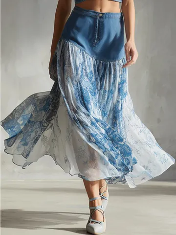 Women Vintage Vacation Blue Denim Patchwork Printed Chiffon Midi Skirt High Waist Flare Skirt Casual Bottoms
