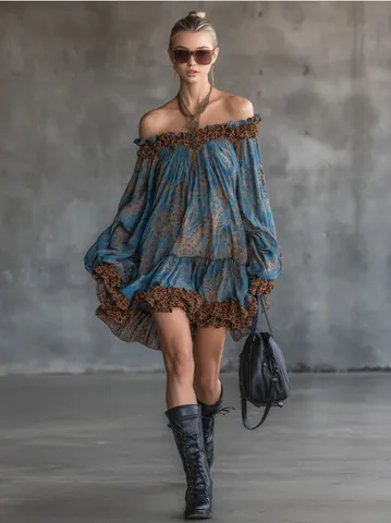 Vintage Leopard Print Off Shoulder Ruffle Mini Dress Women Blue Long Sleeve Lantern Sleeve Loose Elegant Party Holiday Dresses