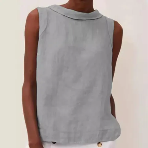 Damen Casual Baumwolle Leinen Ärmelloses Top Einfarbig Rundhalsausschnitt Pullover Lockere Retro Bluse Komfort Sommer Top