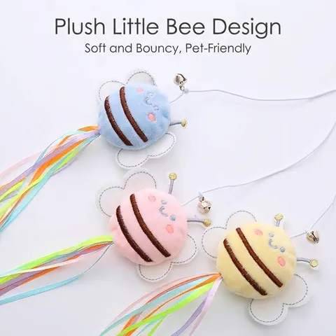 Lindo Juguete de Varita para Gatos Abeja de Peluche Interactiva Con Campana y Cintas de Satén de Colores Varilla de Plástico para Gatos