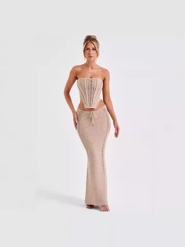 Women's Sexy Backless Tube Top And Bodycon Maxi Skirt Top And Bottom Set Hollow Out Crochet Knit Summer Vacation Outfit