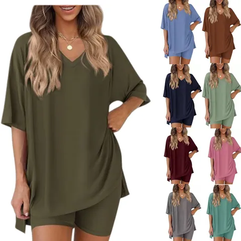 Women Casual Top And Bottom Lounge Set V Neck Short Sleeve Loose Shirt And High Waist Elastic Shorts Summer Tracksuit