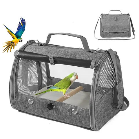 Portable Parrot Bird Carrier Bag Transparent Breathable Travel Backpack For Small Pets Birds Pigeon With Wood Perch Tray