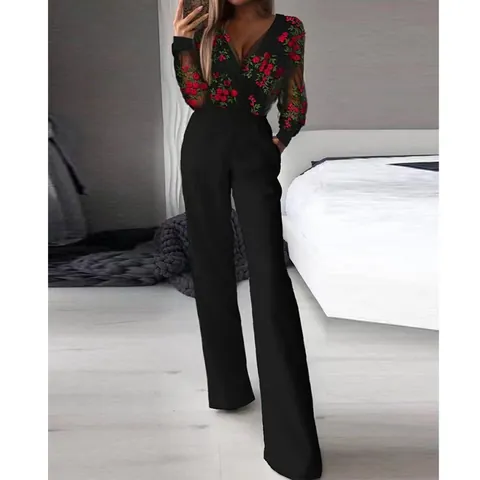 Women Fashion Mesh Patchwork Floral Embroidery V-Neck Slim Fit Wide Leg Jumpsuit Elegant Long Sleeve Black One Piece Romper