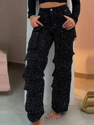 Women High Waisted Wide Leg Jeans Rhinestone Cargo Pants Multi-Pocket Denim Trousers Glitter Casual Summer Long Pants