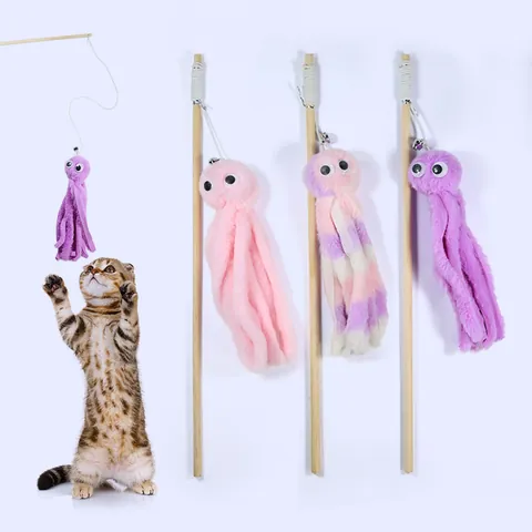 Cat Toy Octopus Teaser Wand With Wood Handle Plush Pet Interactive Toy Built-in Catnip Bell For Indoor Kittens Playing