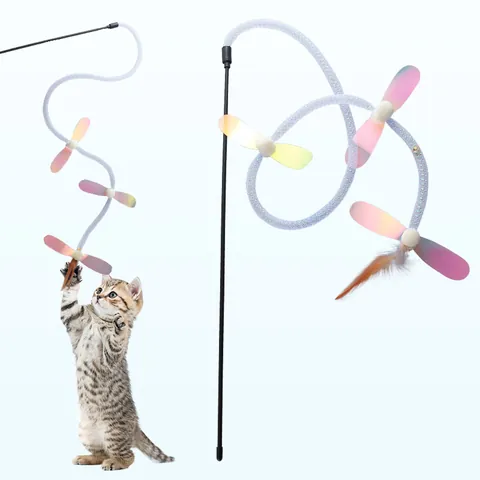 Interactive Cat Teaser Fairy Stick Toy With PVC Spring Hose Colorful Sequins Feather Fly Insect Bell Pet Toy For Indoor