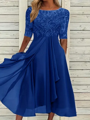Women Elegant Lace Patchwork Chiffon Midi Dress Sweet Hollow Out Round Neck Half Sleeve Evening Party Gown Bridesmaid Dress