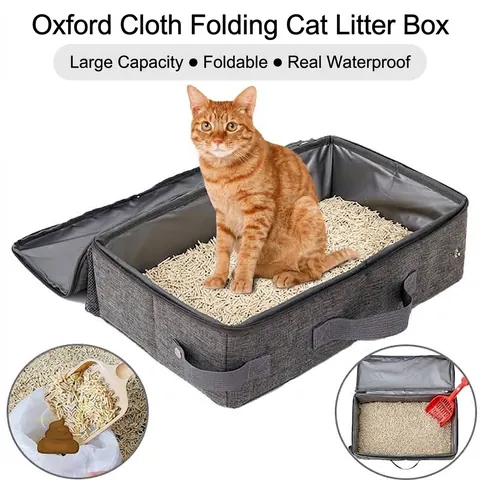 Portable Foldable Cat Litter Box Waterproof Oxford Cloth Pet Travel Toilet With PEVA Liner Carrying Handle Size L XL
