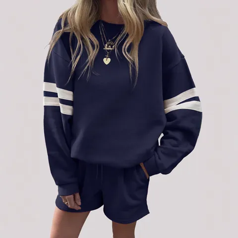 Women Color Block Striped Sweatshirt And Shorts Top And Bottom Western Casual Loose Crew Neck Drop Shoulder Outfit