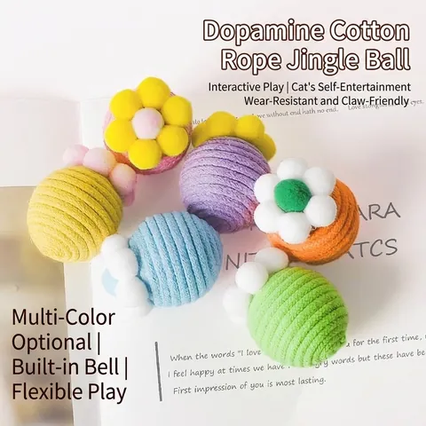 Cotton Rope Cat Toy Ball With Built-in Bell Dopamine Color Flower Plush Interactive Woven Pet Ball For Indoor Cats