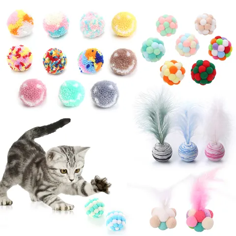 Juguete Interactivo para Gatos Pelota de Peluche Suave Serie Macaron Navidad Pompones con Campana Pluma Mascotas