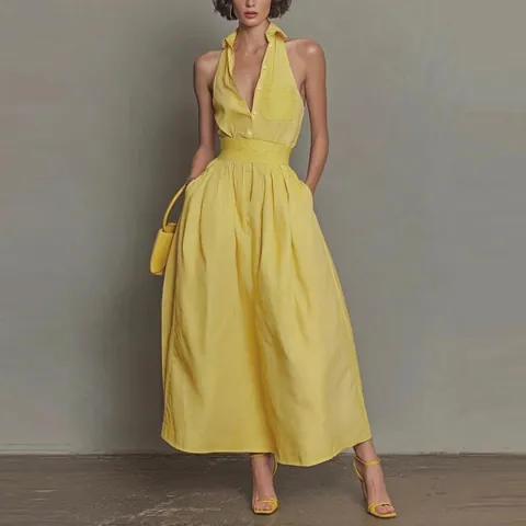 Robe Longue de Style Resort Jaune à Rayures Col en V Sans Manches Taille Ajustée Épissée Été Décontractée Vacances à la Plage pour Femmes