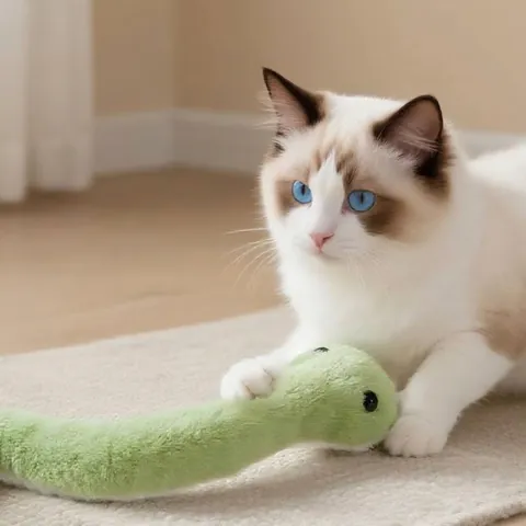 Jouet en Peluche pour Chat en Forme de Serpent Mignon Animal en Peluche Mascotte du Zodiaque Année du Serpent Vert