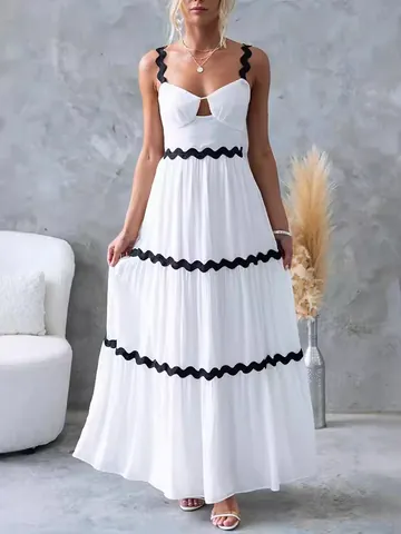 Robe Maxi à Étages pour Femmes Couleur Unie Avec Bordure Ric-Rac Licou Sans Manches Découpé Dos Nu Élégante Robe Longue