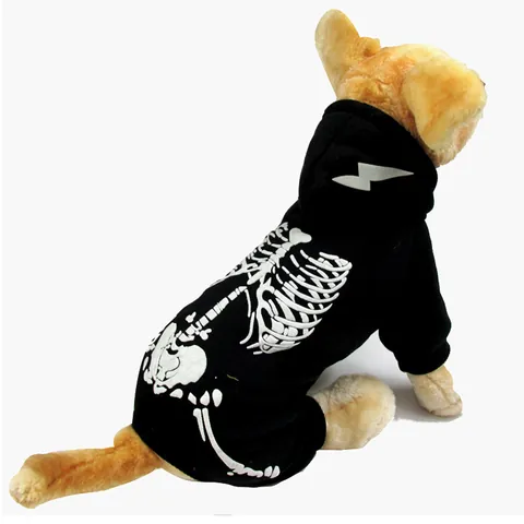 Halloween Pet Dog Skeleton Hoodie Glow In The Dark Bone Pattern Hooded Jumpsuit For Small Dogs Teddy Corgi Polyester Warm Clothes