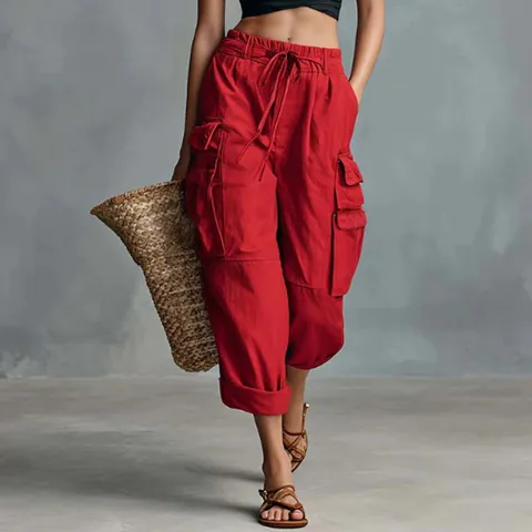 Pantalon Cargo High Street pour Femme Large Droit Multi Poches Décontracté à Taille Coulissante Pantalon Cargo en Polyester