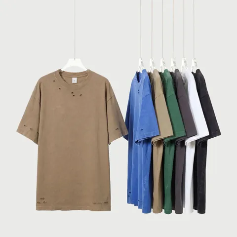 Camiseta de Hombre de Algodón Peinado Pesado 300g Lavado Desgastado de Talla Grande con Hombros Caídos Streetwear Vintage