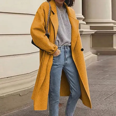 Women's Elegant Woolen Blend Long Coat Loose Double Breasted Lapel Collar Urban Casual Warm Winter Overcoat Top