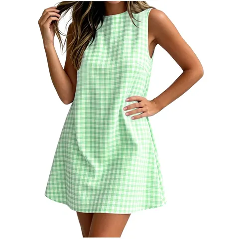 Women Casual Plaid Sleeveless Dress Summer Round Neck A-Line Mini Dress Gingham Back Zipper Patchwork Beach Sun Dress