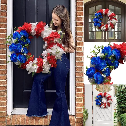 Independence Day Wreath Red White Blue Hydrangea Simulation Flower Garland Patriotic Decoration For Front Door Home Wall