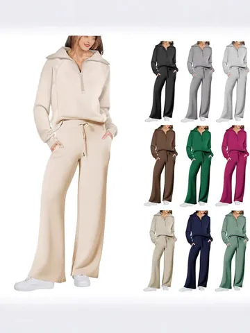 Women Top And Bottom Casual Sportswear Set Solid Color Half Zipper Long Sleeve Sweatshirt And Drawstring Wide Leg Pants