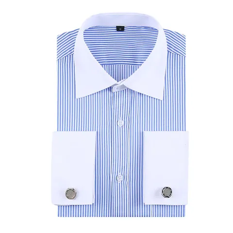 Men Business Formal French Cuff Dress Shirt Cotton Blend Striped Jacquard Long Sleeve Top With Cufflinks Contrast Collar Shirt