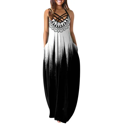 Women Crisscross Halter Neck Cami Maxi Dress Loose Sleeveless Printed Summer Casual Bohemian Beach Long Dress With Pockets