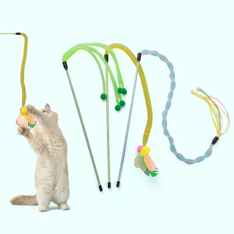 Interaktive Katzenangel Mit Nylon-Netzrohr Plüschball Quaste Glocke Linderung Von Langeweile Haustier Spielzeug Für Hauskatzen