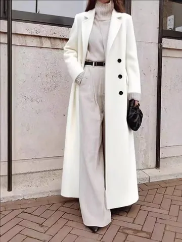 Abrigo Largo Elegante de Lana de Cachemira para Mujer Ajustado Línea A Cremallera Color Sólido Abrigo Cálido Estilo Occidental Casual Top