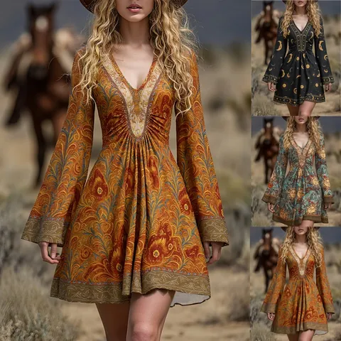 Damen Vintage V-Ausschnitt Bedruckt Langarm A-Linien-Kleid Bohemian Paisley Himmlisches Muster Glockenärmel Minikleid Für Urlaub