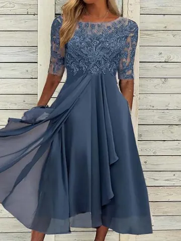 Women Elegant Lace Patchwork Chiffon Midi Dress Sweet Hollow Out Round Neck Half Sleeve Evening Party Gown Bridesmaid Dress
