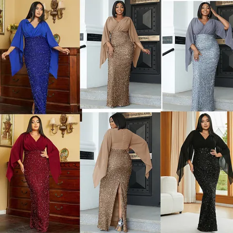 Dames Avondjurk Met Diepe V-hals En Pailletten Cape Mouw Elegant Patchwork Hoge Taille Slim Fit Maxi Jurk Voor Bruiloft Banket Feest