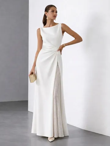 Elegante Mouwloze Maxi Jurk Met Split Voor Dames Effen Kleur Polyester Splicing Slanke Pasvorm Avondfeest Wit