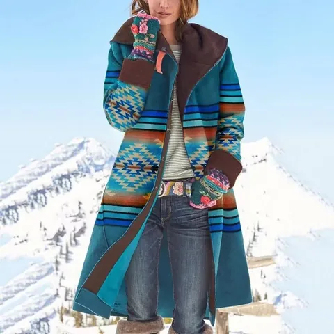 Women Winter Warm Long Sleeve Printed Woolen Coat Bohemian Ethnic Geometric Pattern Faux Fur Collar Mid-Long Top Outerwear