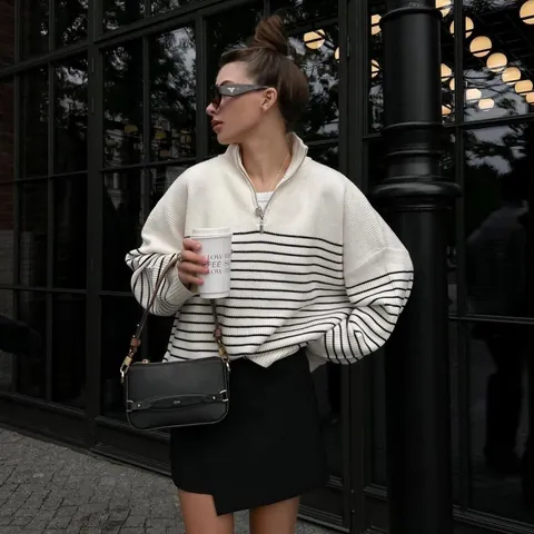 Women's Striped Knit Sweater Fashion Half Zip Lapel Pullover Loose Long Sleeve Casual Knitwear Soft Spring Autumn Top