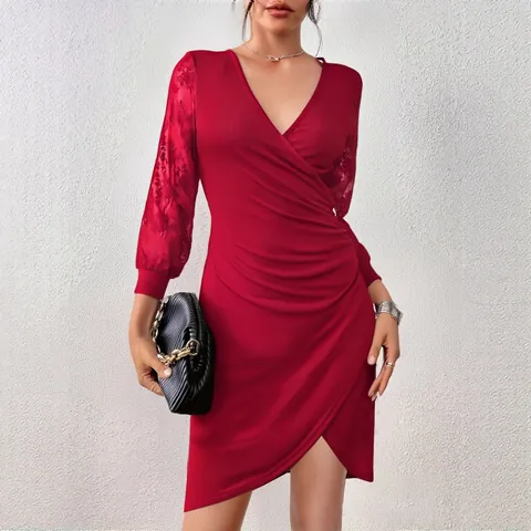 Women Sexy V-Neck Lace Long Sleeve Ruched Midi Bodycon Dress Elegant Polyester Spandex Wrap Pencil Dress For Party Evening