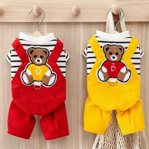 Pet Dog Autumn Winter Four-Legged Overall Corduroy Striped Bear Embroidery Warm Clothes Small Puppy Teddy Pomeranian Outfit