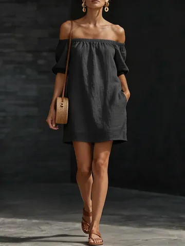Women Off Shoulder Cotton Linen Dress Summer Casual Loose Solid Color Mini Dress Puff Sleeve Vacation Party Short Sundress