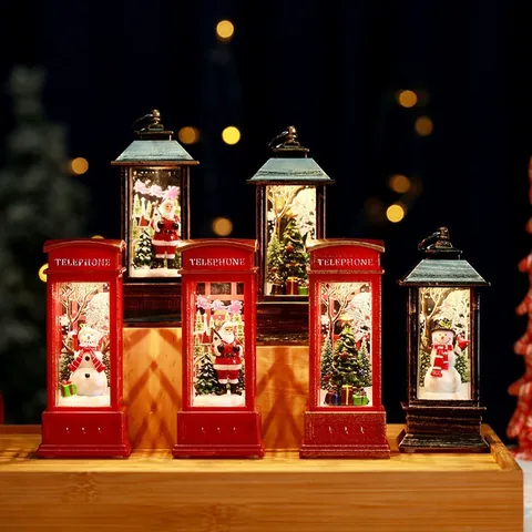 Christmas LED Glowing Telephone Booth Ornament Santa Claus Snowman Retro Wind Lamp Desktop Decoration Bar Holiday Gift