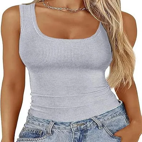 Women's Ribbed Square Neck Tank Top Sleeveless Slim Fit Polyester Knitted Basic Camisole Summer Casual Top